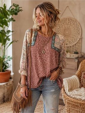 entro Boho Patchwork Tunic in Rust and Cream with Teal Accents